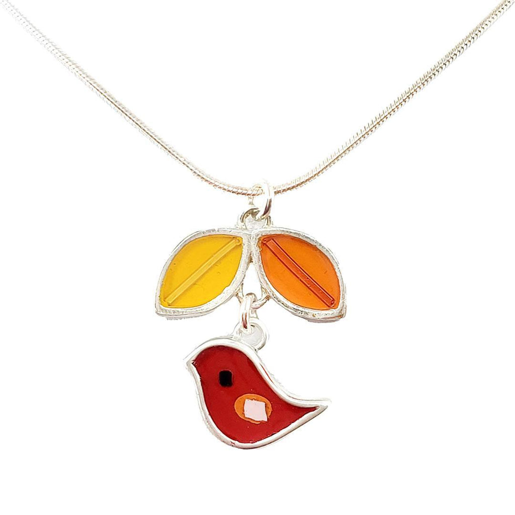 Necklace - Red Bird with Yellow Orange Leaves (A or B) by Happy Art Studio