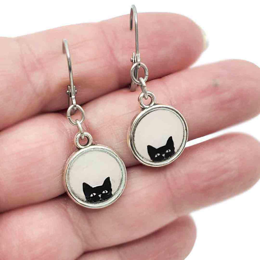 Earrings - Black Cat Antiqued Silver Dangles by Christine Stoll | Altered Relics