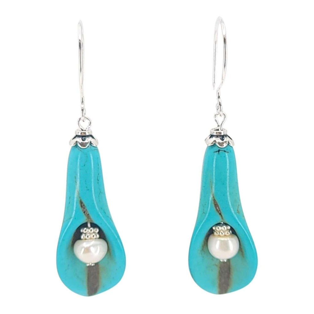 Earrings - Capped Pearl Peace Lily Drops (Freshwater Pearl, Howlite, Sterling Silver) by Tiny Aloha
