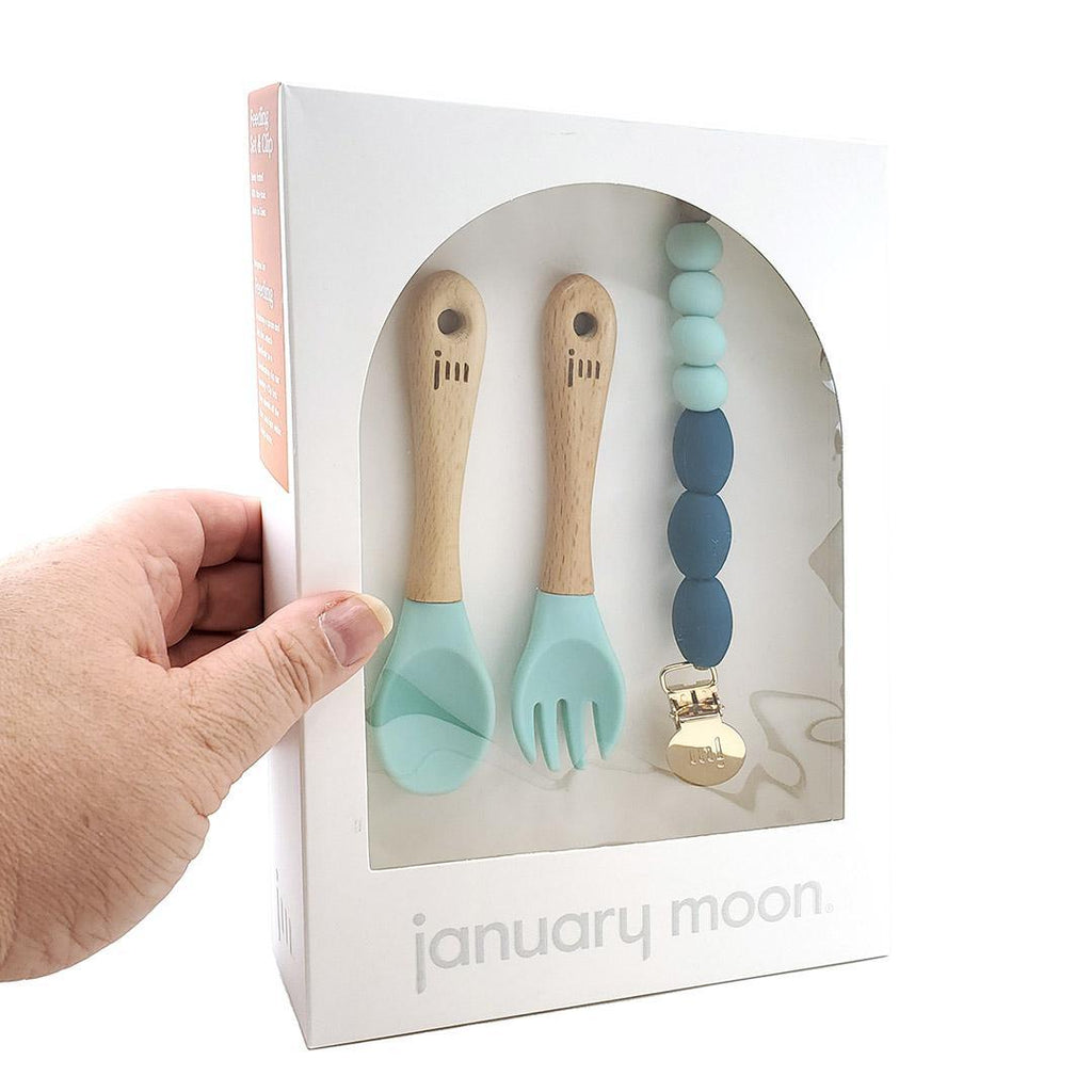 Feeding Set - Fork and Spoon with Clip (Ocean Aqua) by January Moon