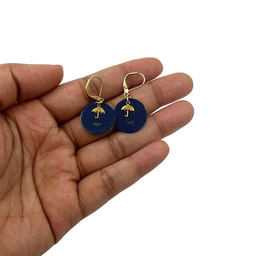 Earrings - Watch Dials - Gold Umbrella on Navy Round (GP Brass) by Christine Stoll