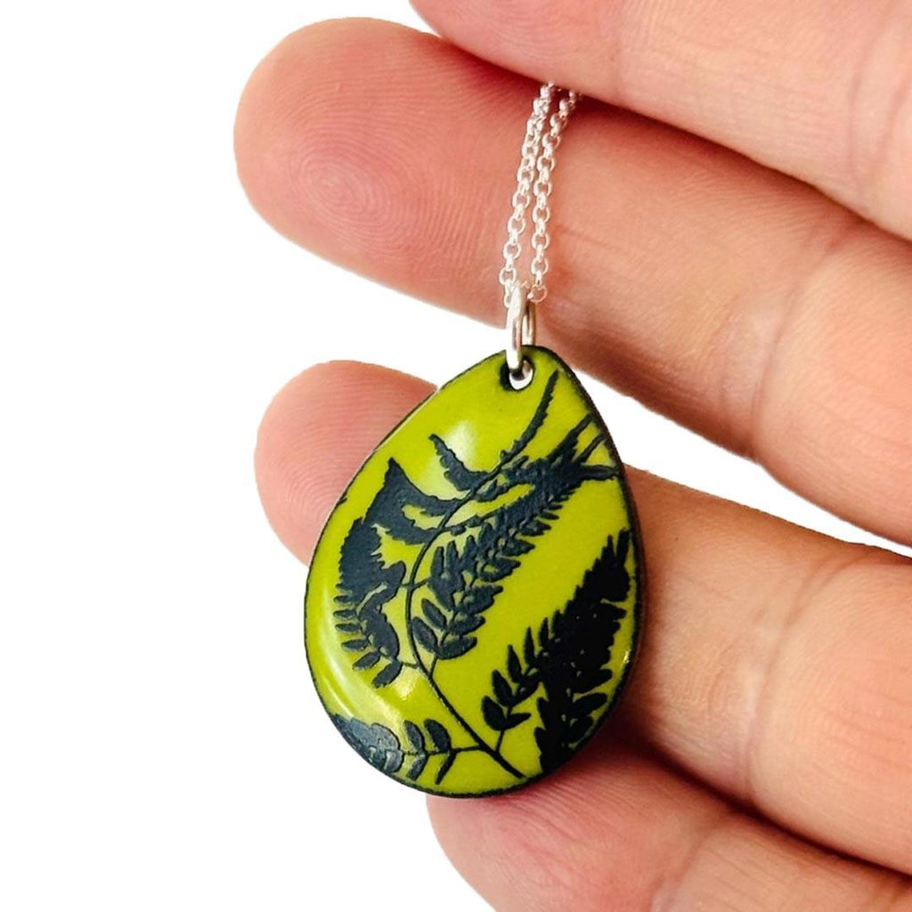 Necklace - Teardrop Pendant (Fern on Chartreuse) by Magpie Mouse Studios