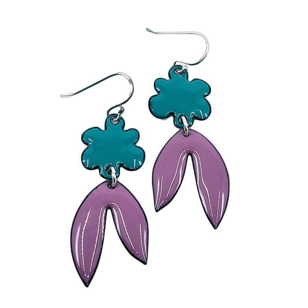Earrings - Flower Leaves Dangle (Teal Purple) by Magpie Mouse Studios