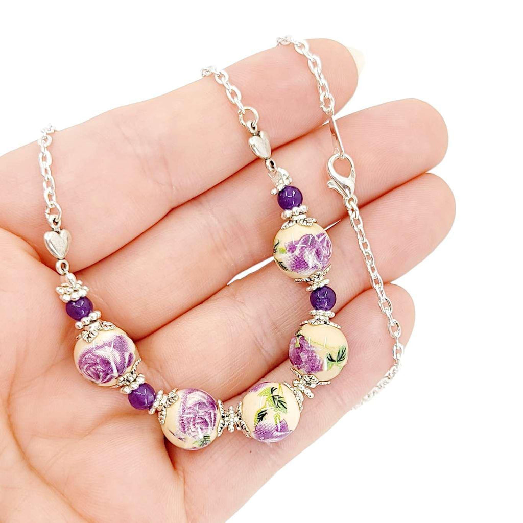 Necklace - Ceramic Bead Chain (Purple Floral) by Tiny Aloha