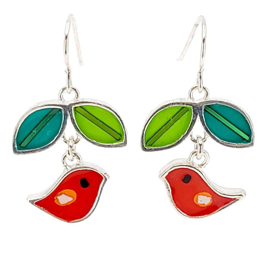 Earrings - Bird and Leaves (Red) by Happy Art Studio