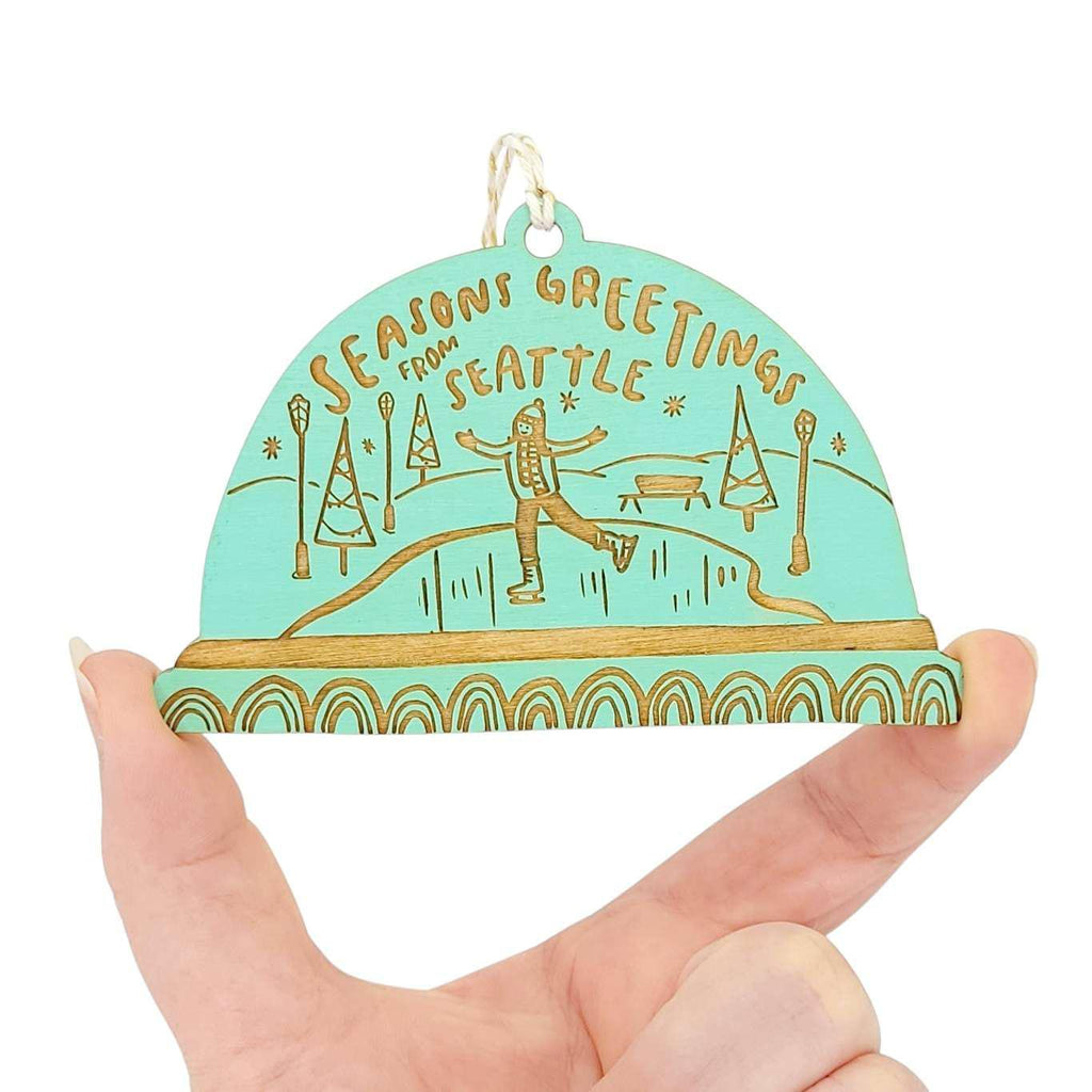 Ornaments - Large - Seasons Greetings from Seattle Snowglobe (Aqua) by SnowMade