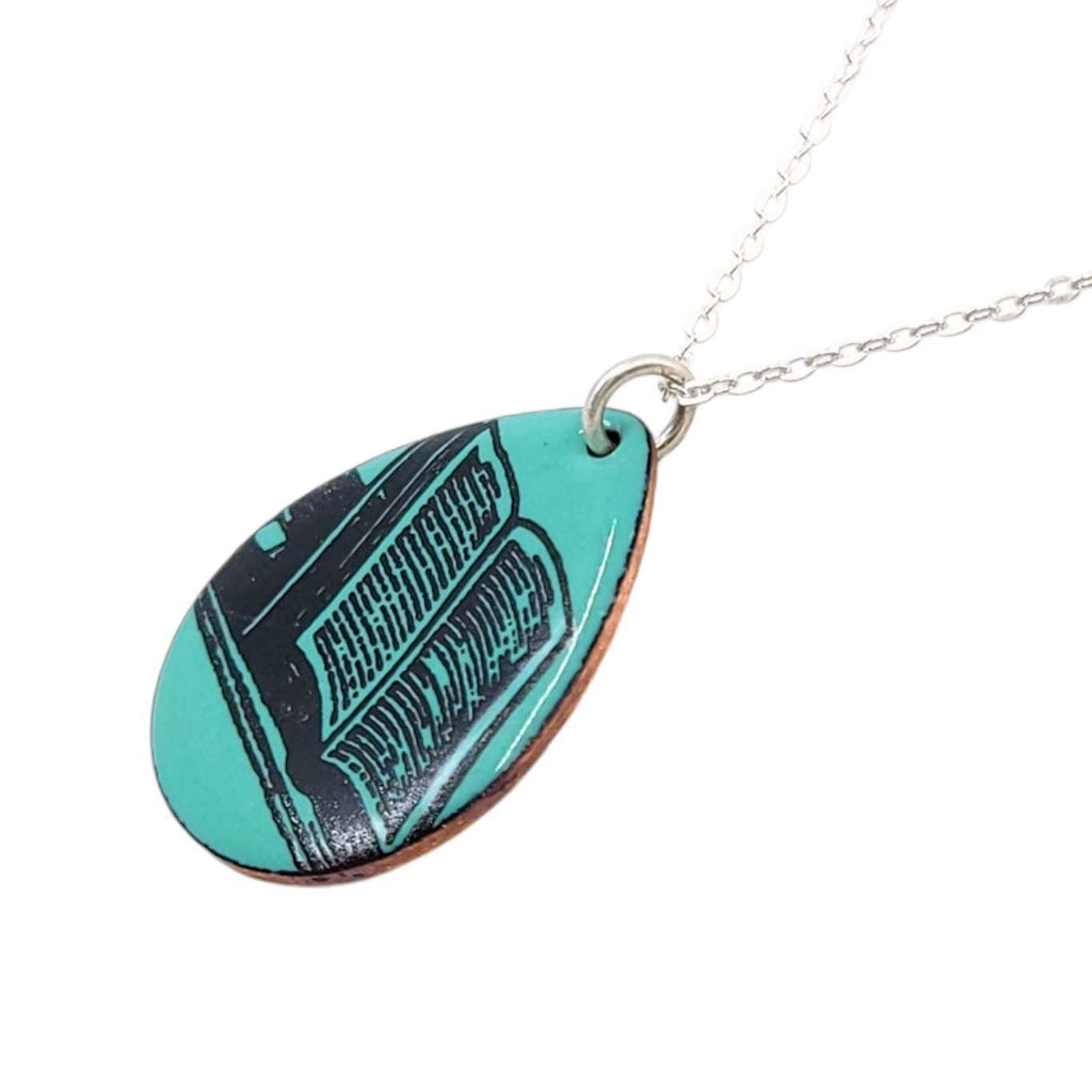 Necklace - Teardrop Book on Teal Background by Magpie Mouse Studios