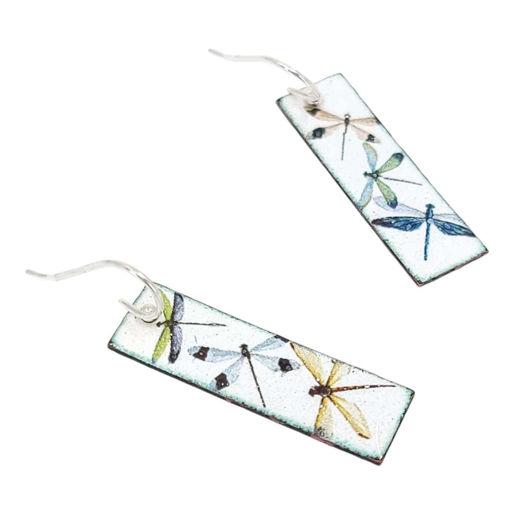 Earrings - Slim Rectangle Dragonflies on White Background by Magpie Mouse Studios