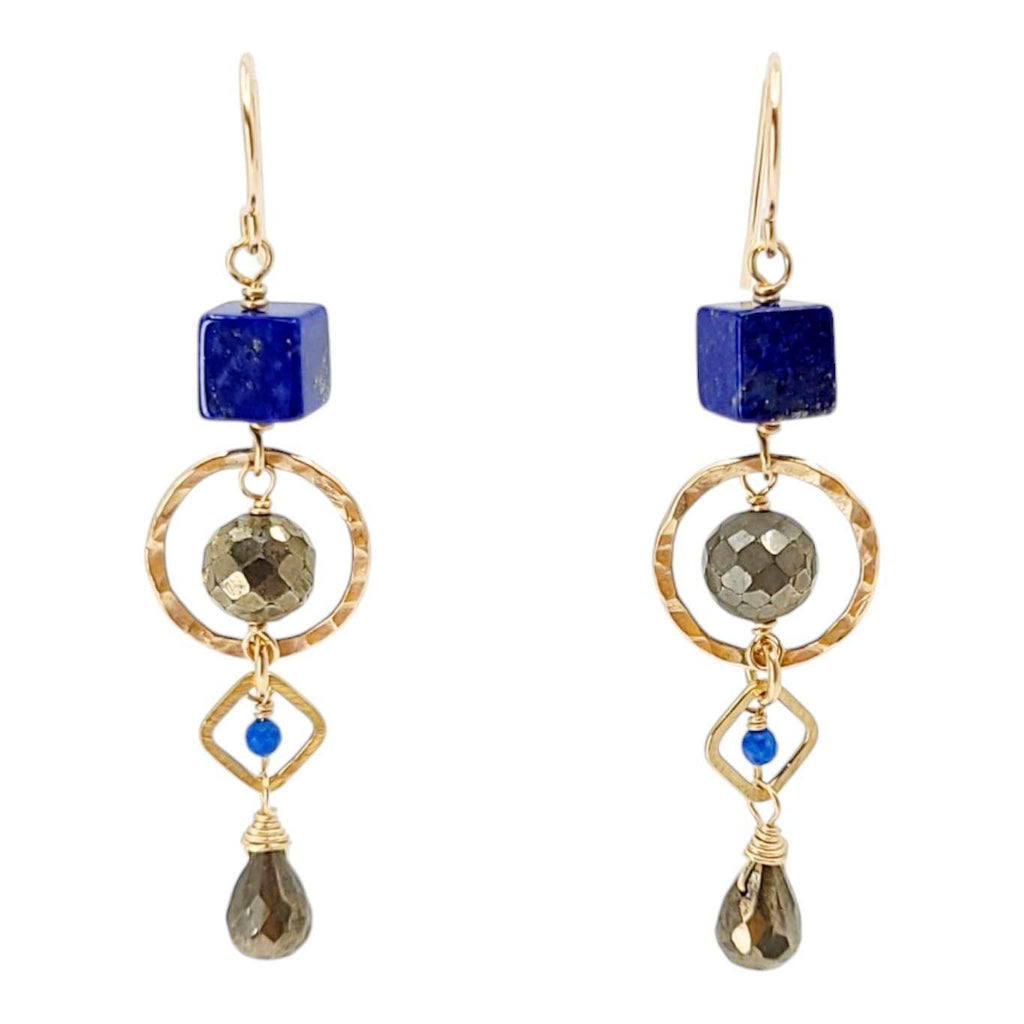 Earrings - Gold and Gemstone Mixed Shapes (Lapis Lazuli, Pyrite) by Calliope Jewelry