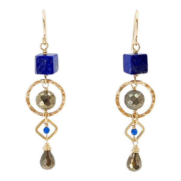 Earrings - Gold and Gemstone Mixed Shapes (Lapis Lazuli, Pyrite) by Calliope Jewelry