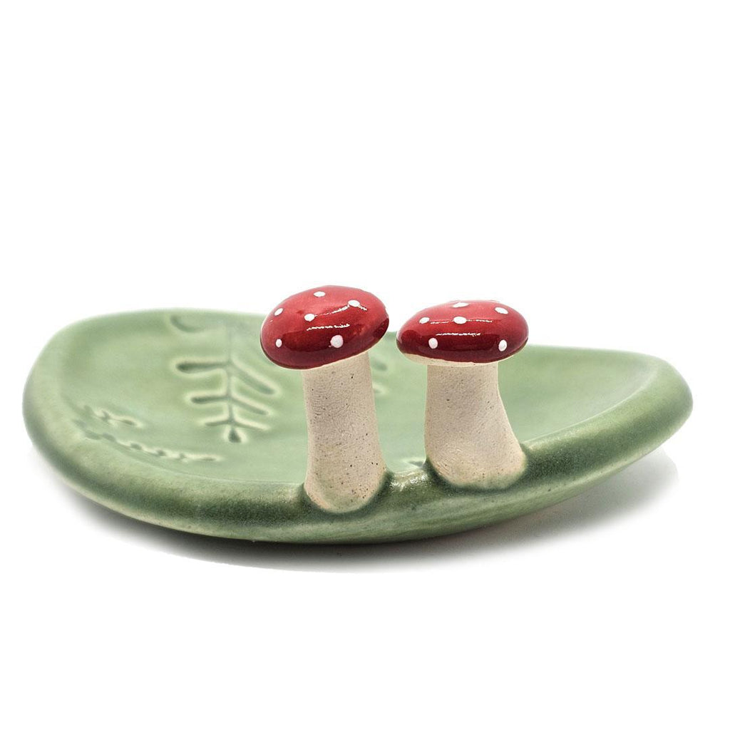 Oval Ring Dish - Red Mushrooms and Fern Fronds (Green) by Tasha McKelvey