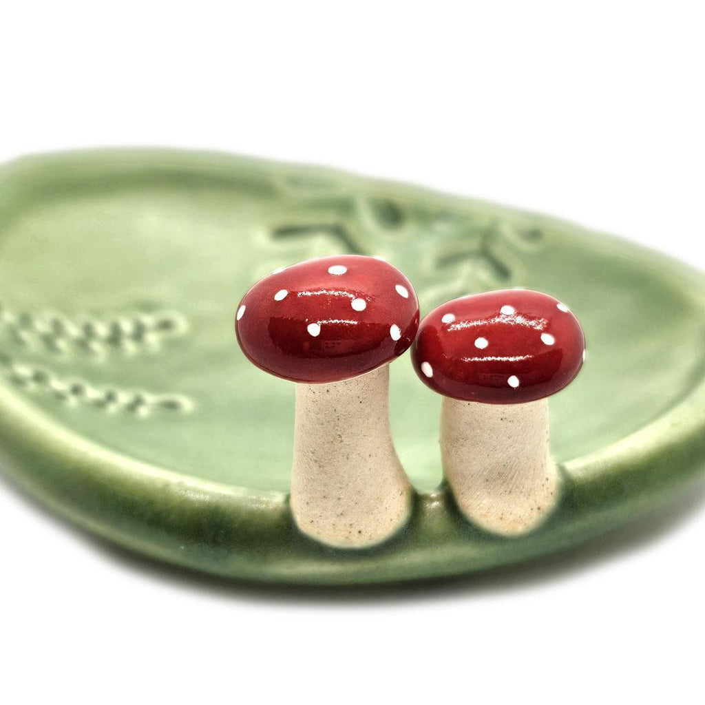 Oval Ring Dish - Red Mushrooms and Fern Fronds (Green) by Tasha McKelvey