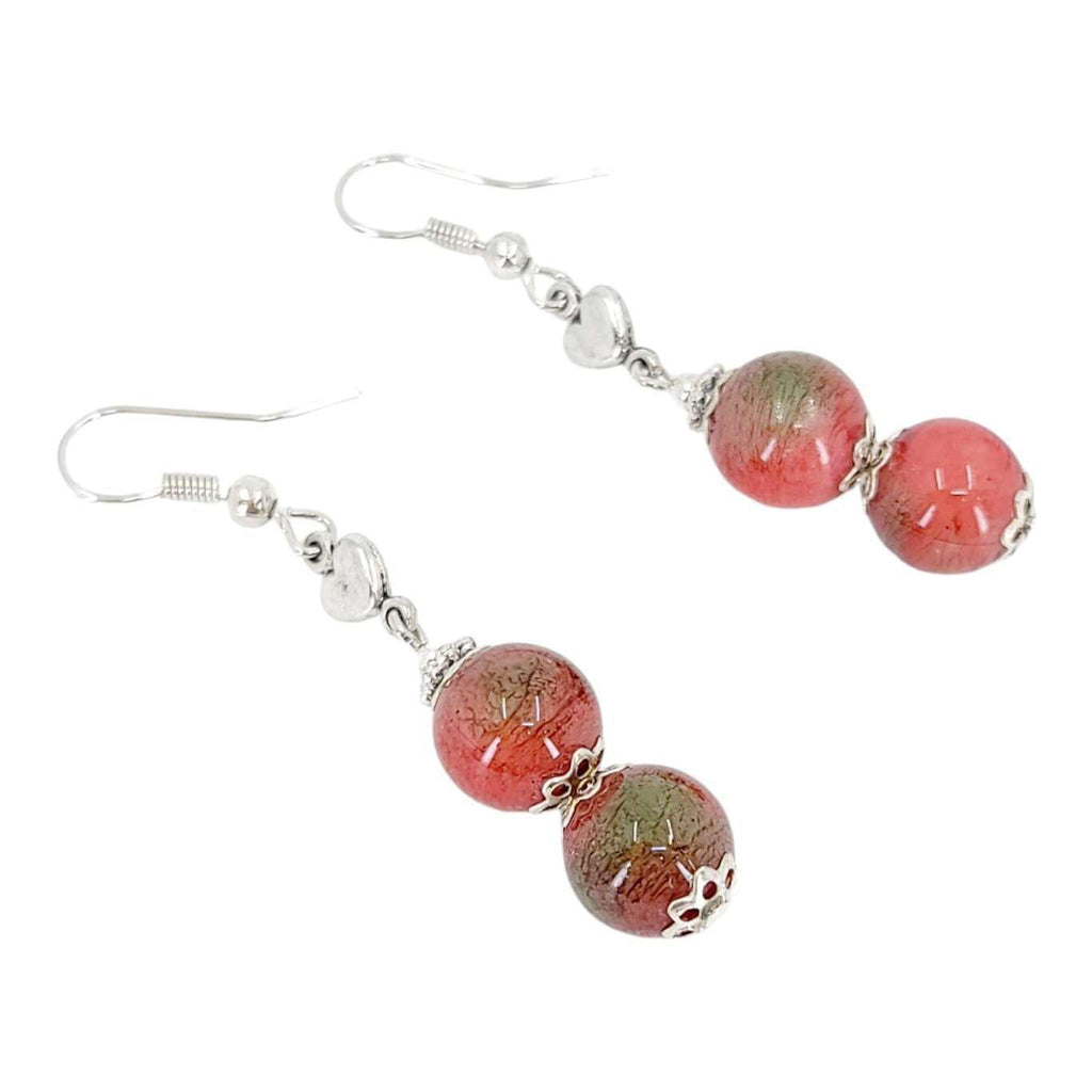 Earrings - Double Ceramic Bead Drops (Red and Green) by Tiny Aloha