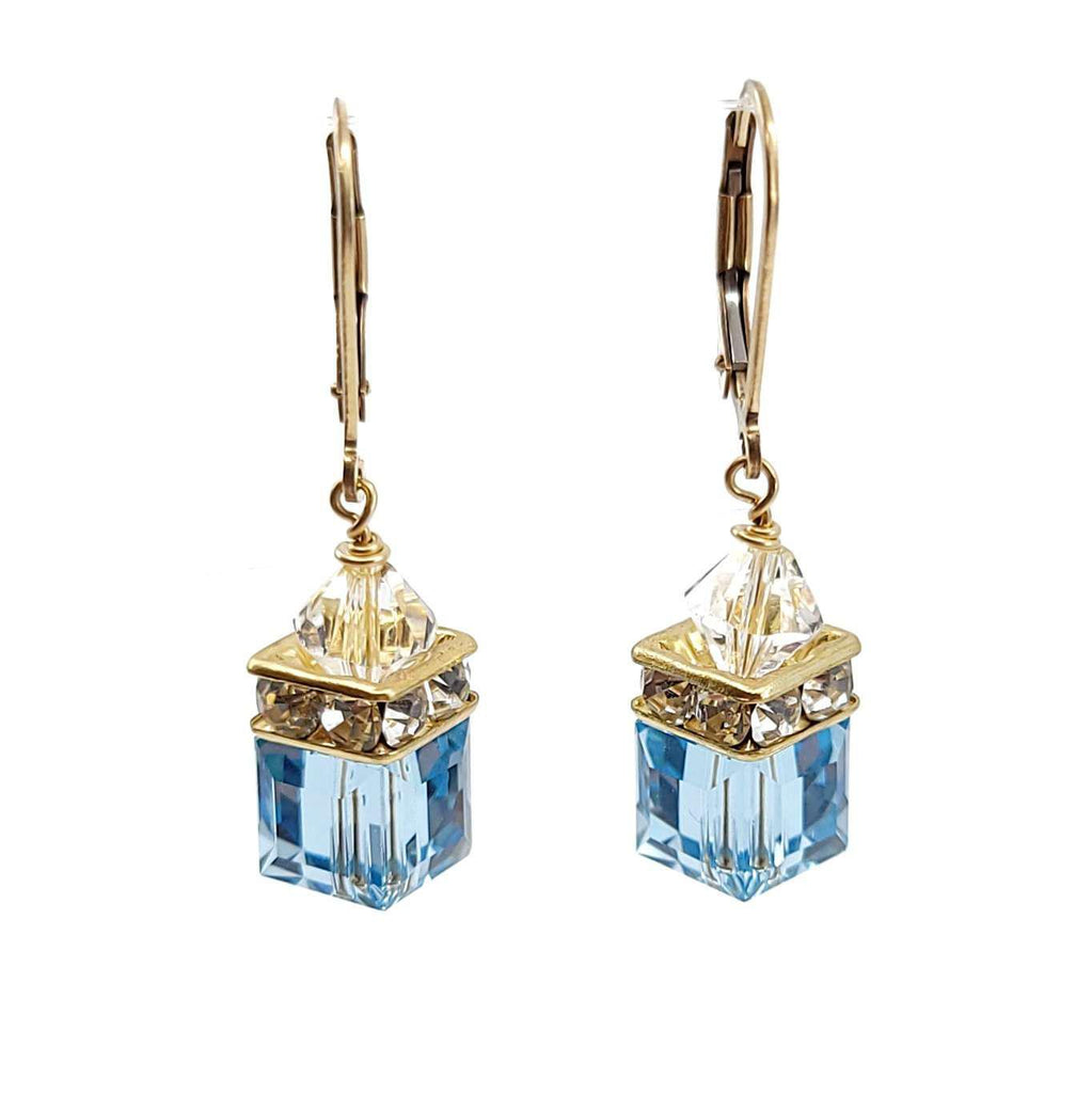 Earrings - Square Aquamarine Crystal with 14k Gold Fill Leverback by Sugar Sidewalk