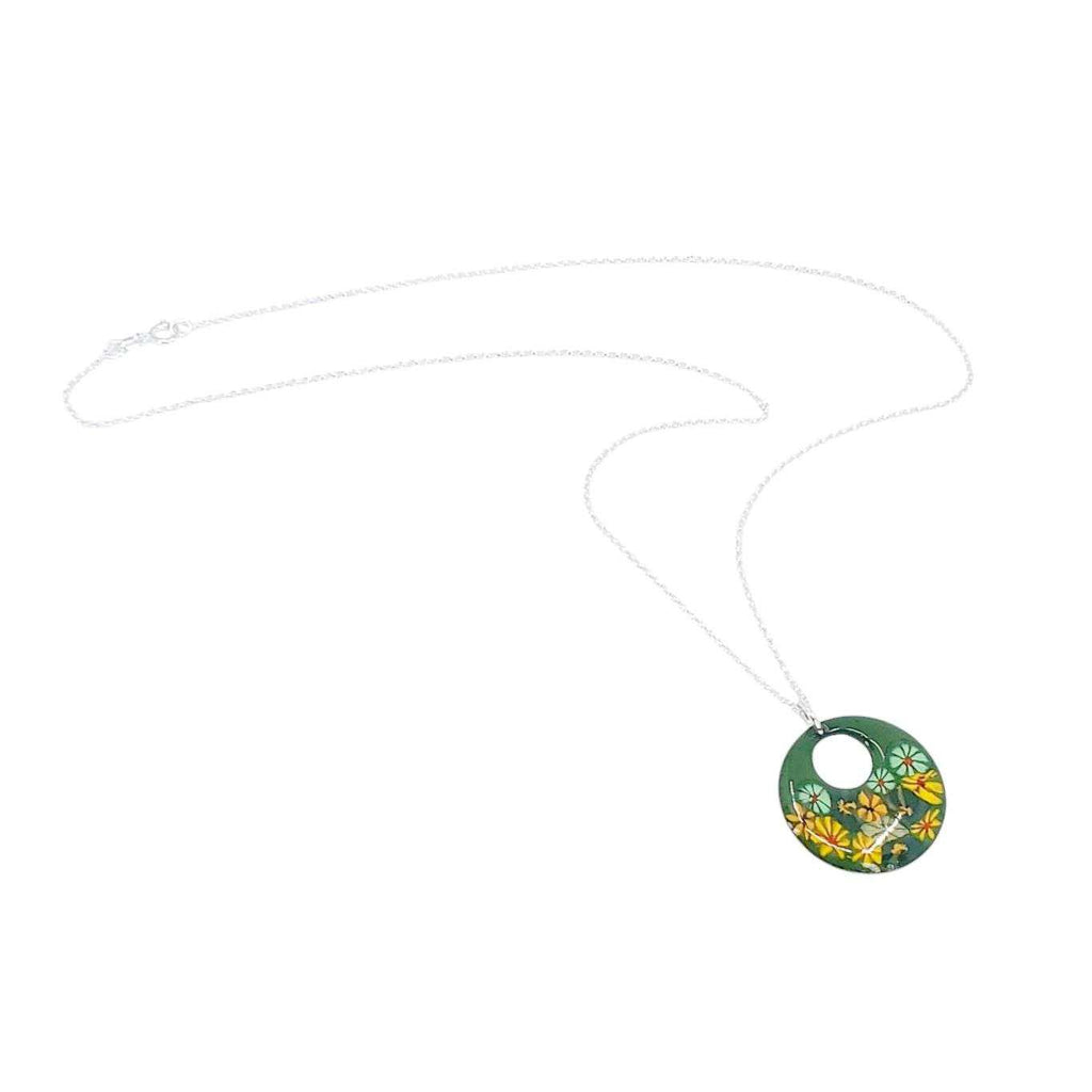 Necklace - Offset Small Circle (Green Floral) by Magpie Mouse Studios