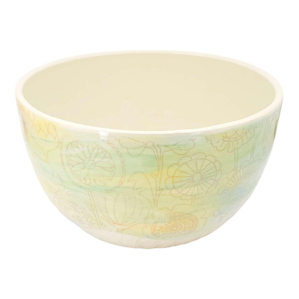 Bowl - Large Stoneware Blue Green Yellow with Pink Flowers by Clay It Forward