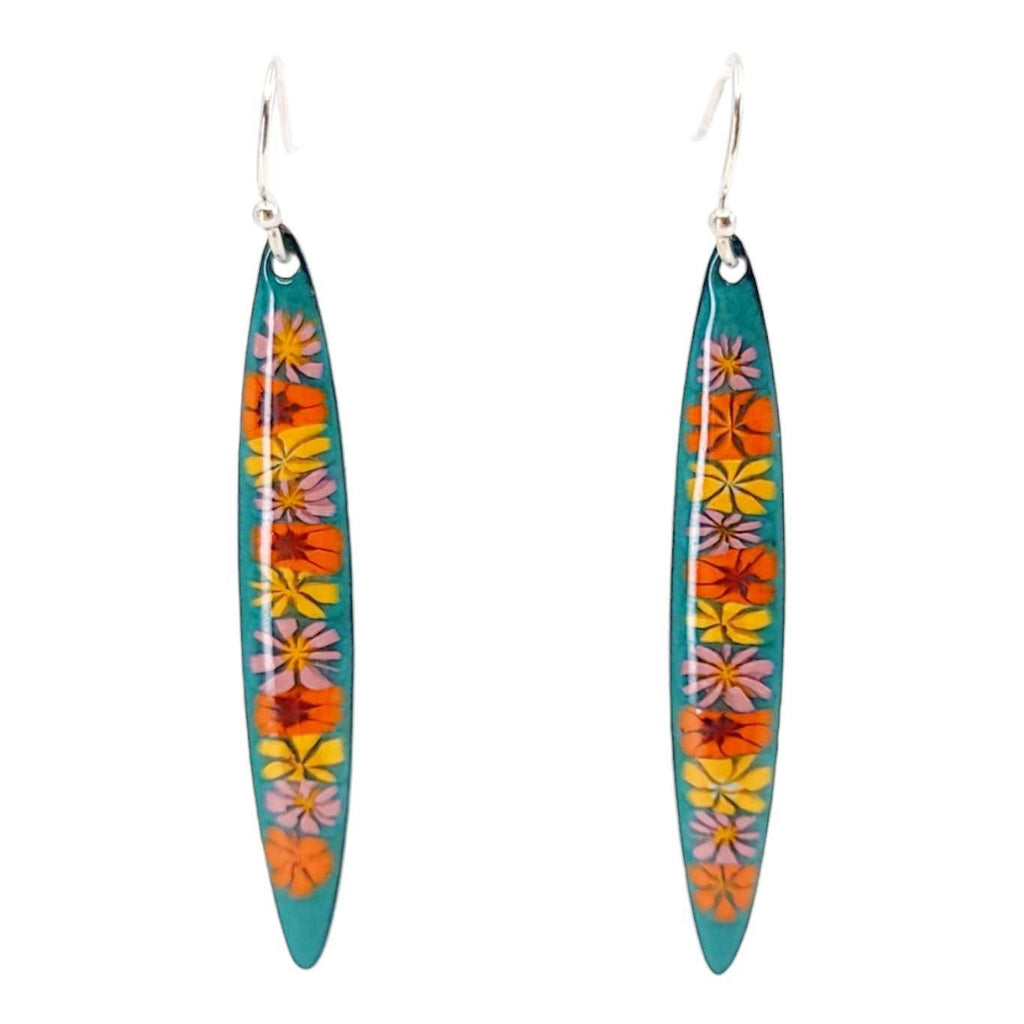 Earrings - Long Stiletto (Orange Floral on Teal) by Magpie Mouse Studios