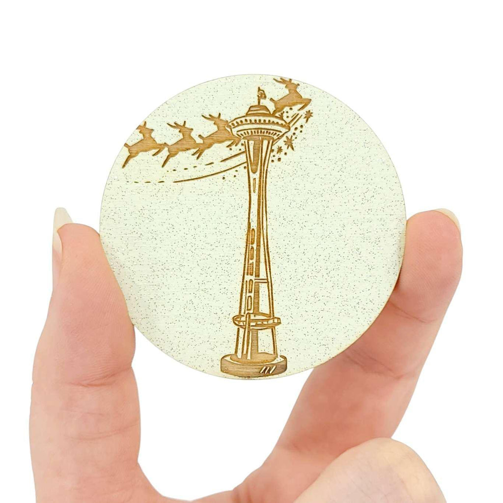 Magnets - Reindeer over the Space Needle Round (Seafoam Glitter) by SnowMade