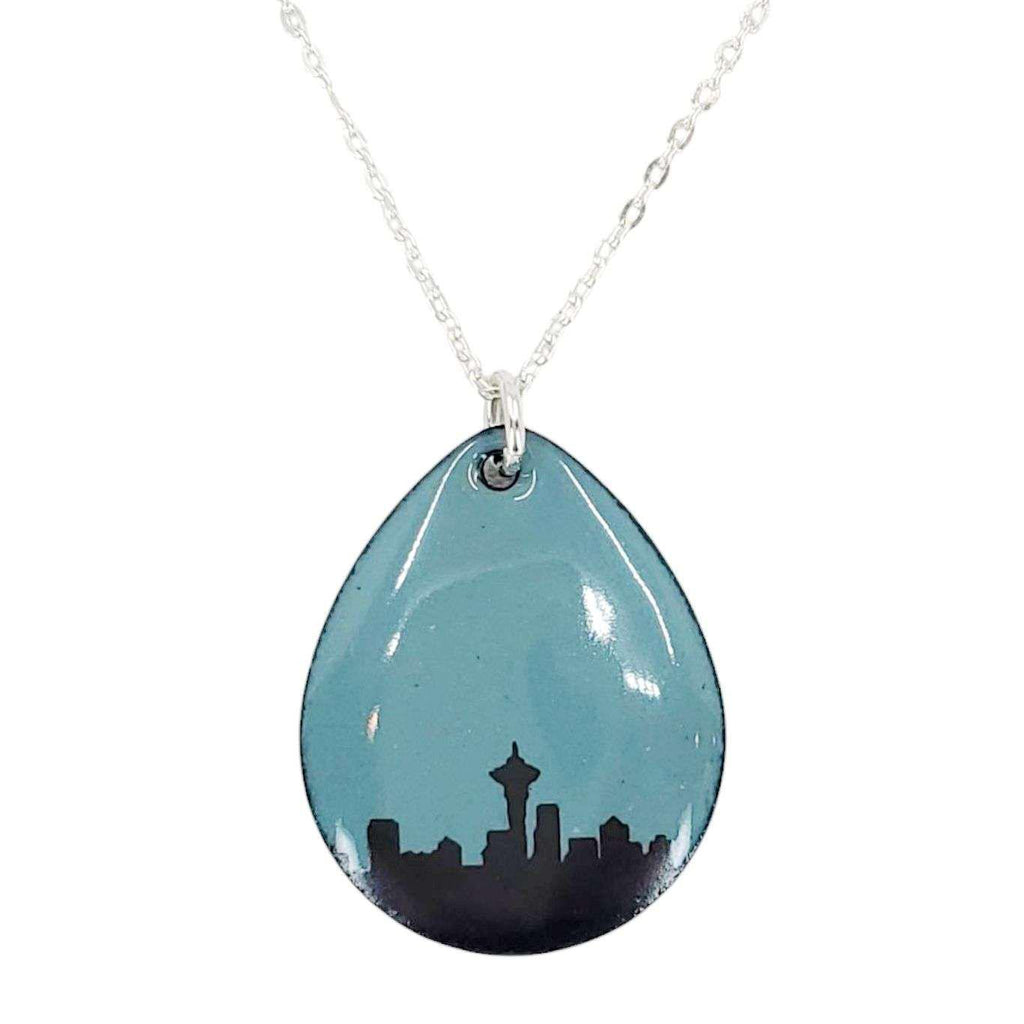 Necklace - Seattle Skyline Large Teardrop (Gray Turquoise) by Magpie Mouse Studios