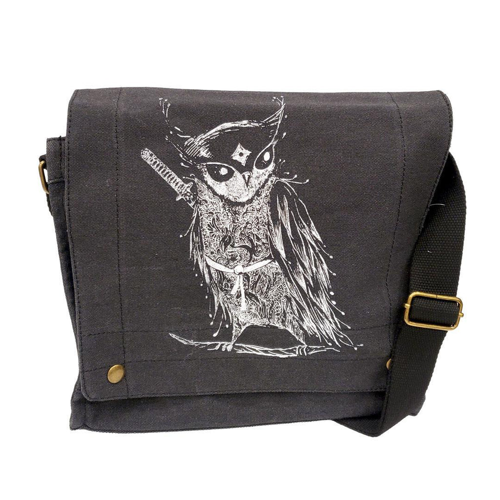 Messenger Bag - Samurai Owl White Ink on Black Canvas Bag by Namu