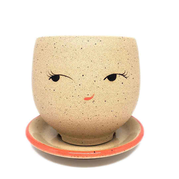 Planter - Coy Face (Red Saucer) by Jennifer Fujimoto