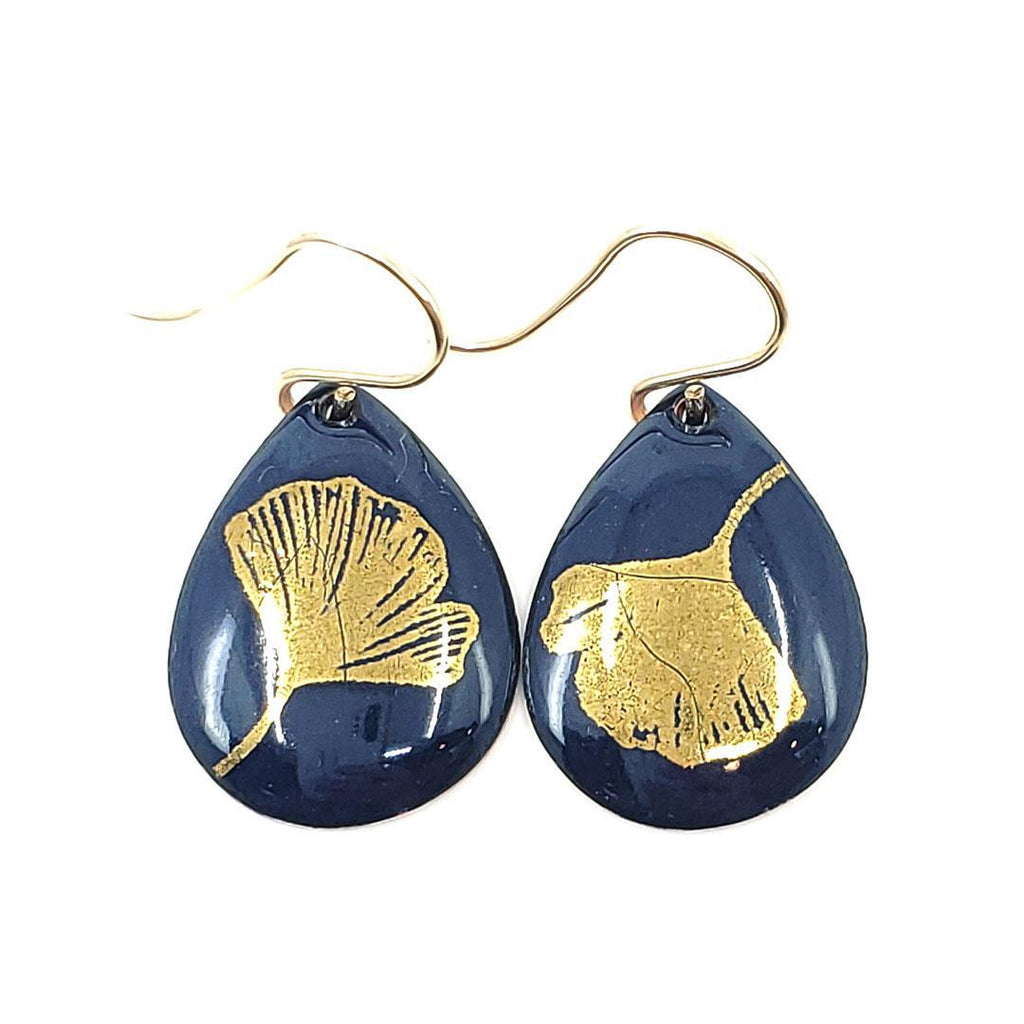 Earrings - Small Teardrop (Gold Ginkgo Leaf on Midnight Blue) by Magpie Mouse Studios