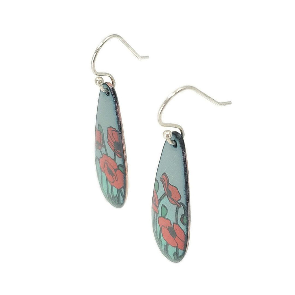 Earrings - Red Poppies Long Teardrop (Gray Turquoise) by Magpie Mouse Studios