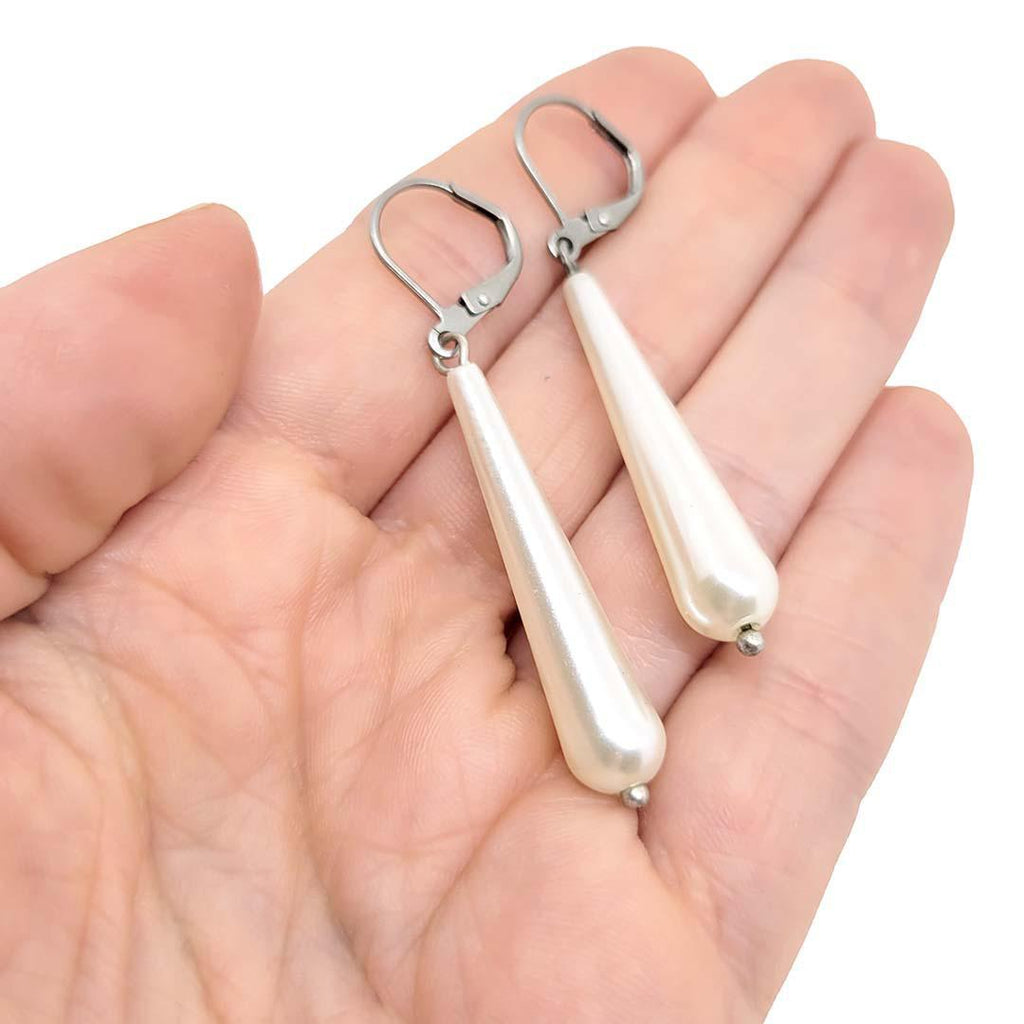 Earrings - Faux Pearl Long - Drop White Stainless Steel by Christine Stoll Studio