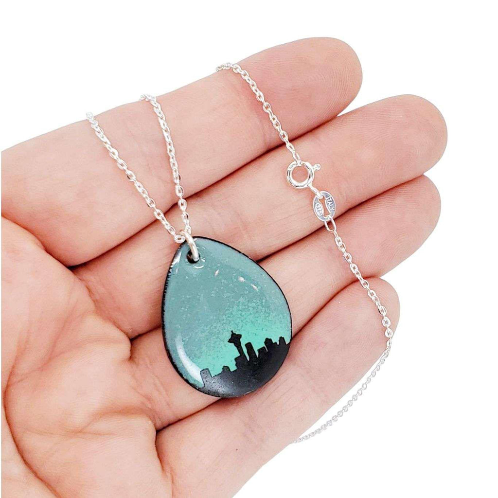 Necklace - Seattle Skyline Large Teardrop (Gray) by Magpie Mouse Studios