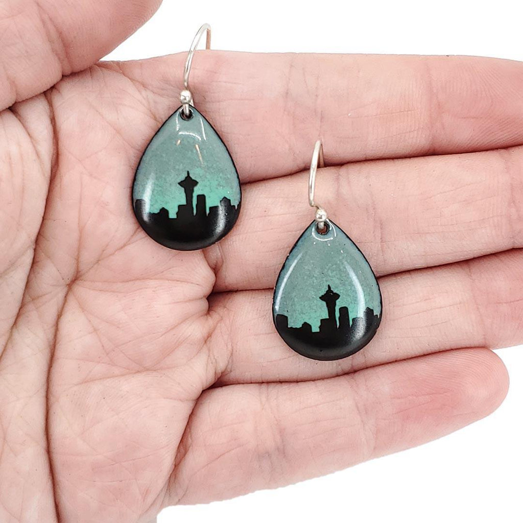 Earrings - Seattle Skyline Small Teardrop (Gray Aqua Ombre) by Magpie Mouse