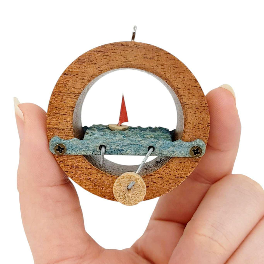 Kinetic Ornament - Hand Cranked Wooden Sailboat Circle by Cartoon Monster