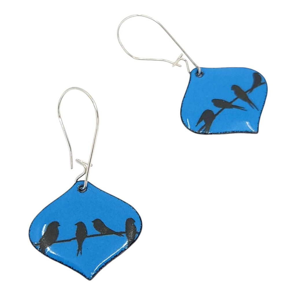 Earrings - Ogee Birds on a Wire over Blue Background by Magpie Mouse Studios