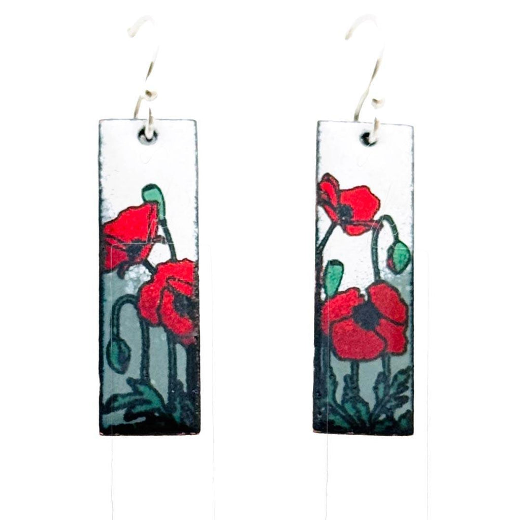 Earrings - Slim Rectangle (Poppies on White to Grey) by Magpie Mouse Studios