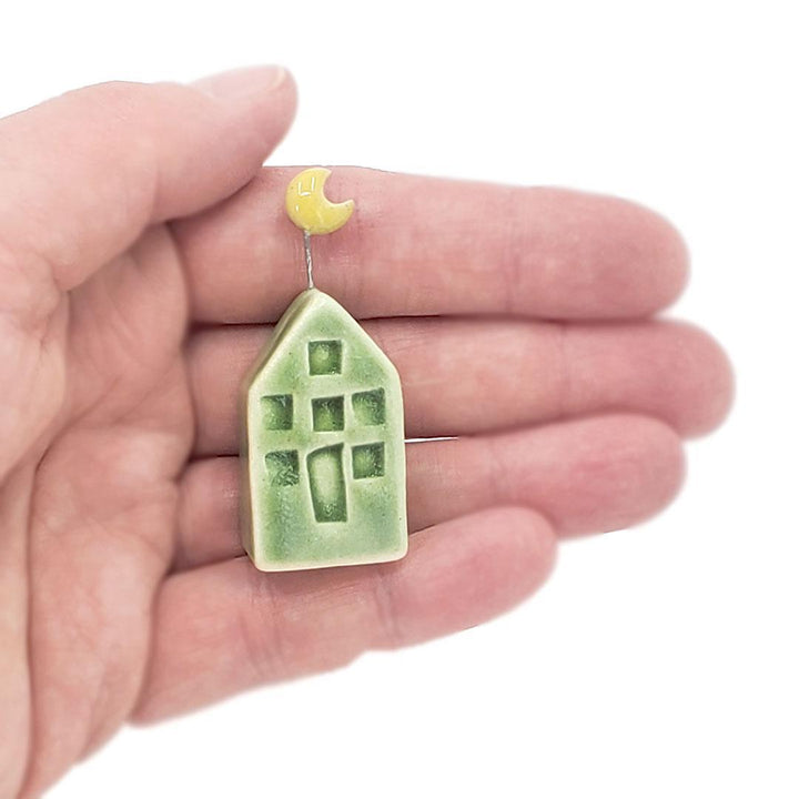 Tiny Pottery House - Grass Green with Moon by Tasha McKelvey