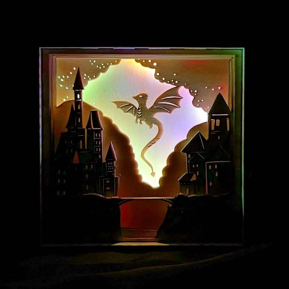 Lighted Shadowbox - Dragon and Castle by Squirrel Taco Papercuts