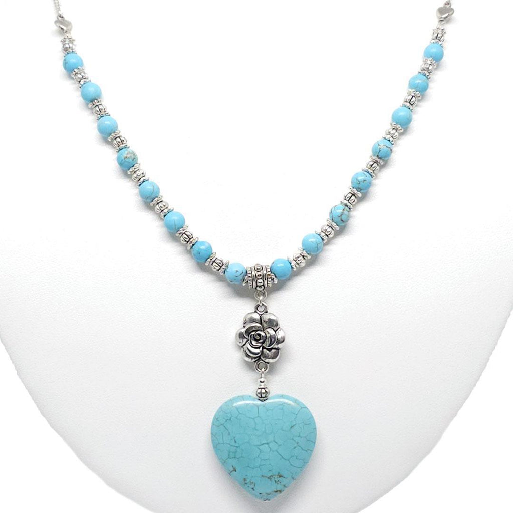 Necklace - Large Howlite Turquoise Heart with Rose by Tiny Aloha