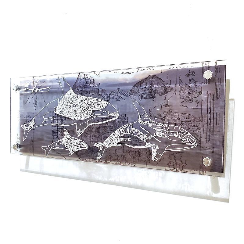 Wall Art - 16x6in - Orcas and Kayakers San Juan Islands Floating Frame Map by Modern Terrain