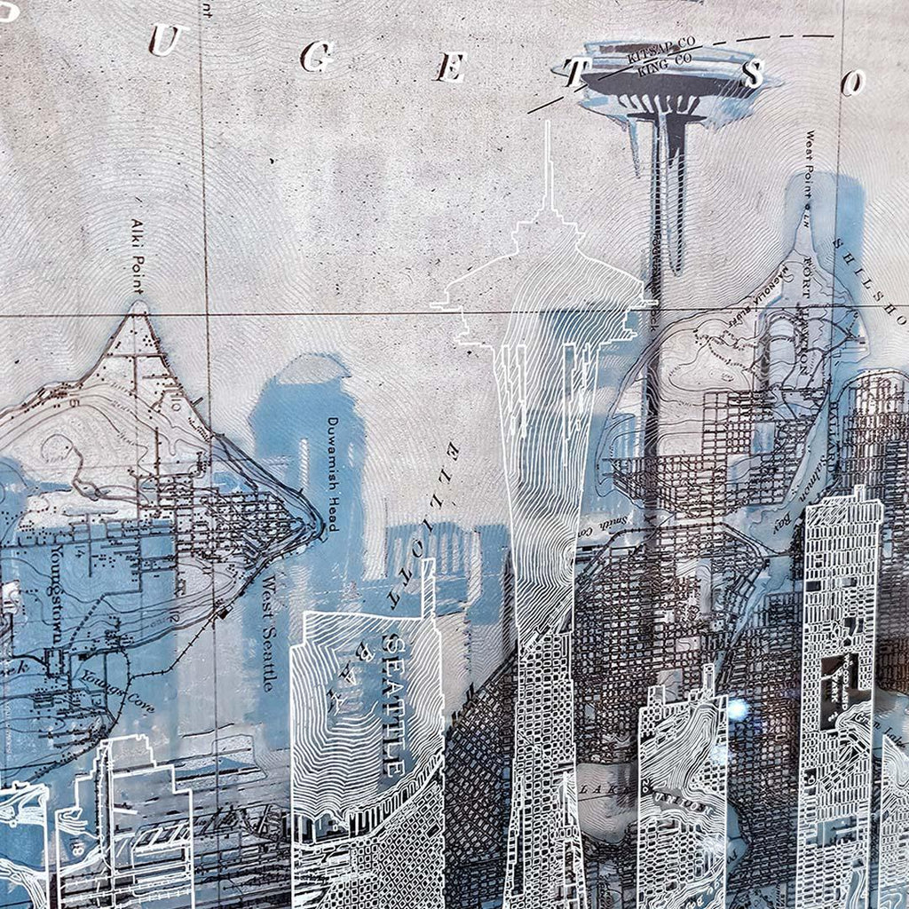 Wall Art - 12x12in - Seattle Skyline Streets Floating Frame Map by Modern Terrain