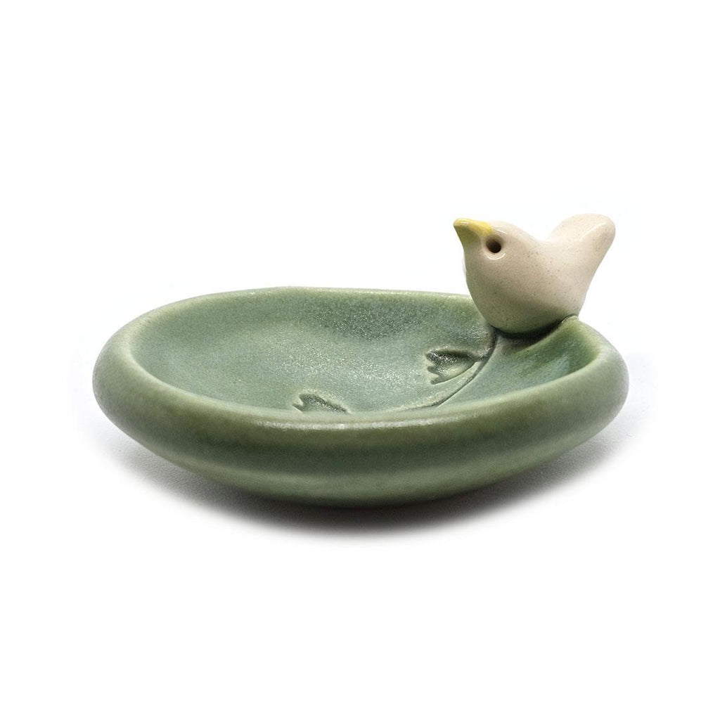 Round Ring Dish - White Bird with Flowers (Small Green) by Tasha McKelvey