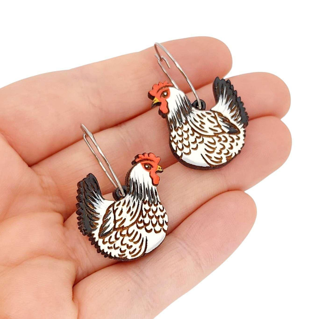 Earrings - Light Sussex Chicken (Silver Hoops) by Fresh Cuttery