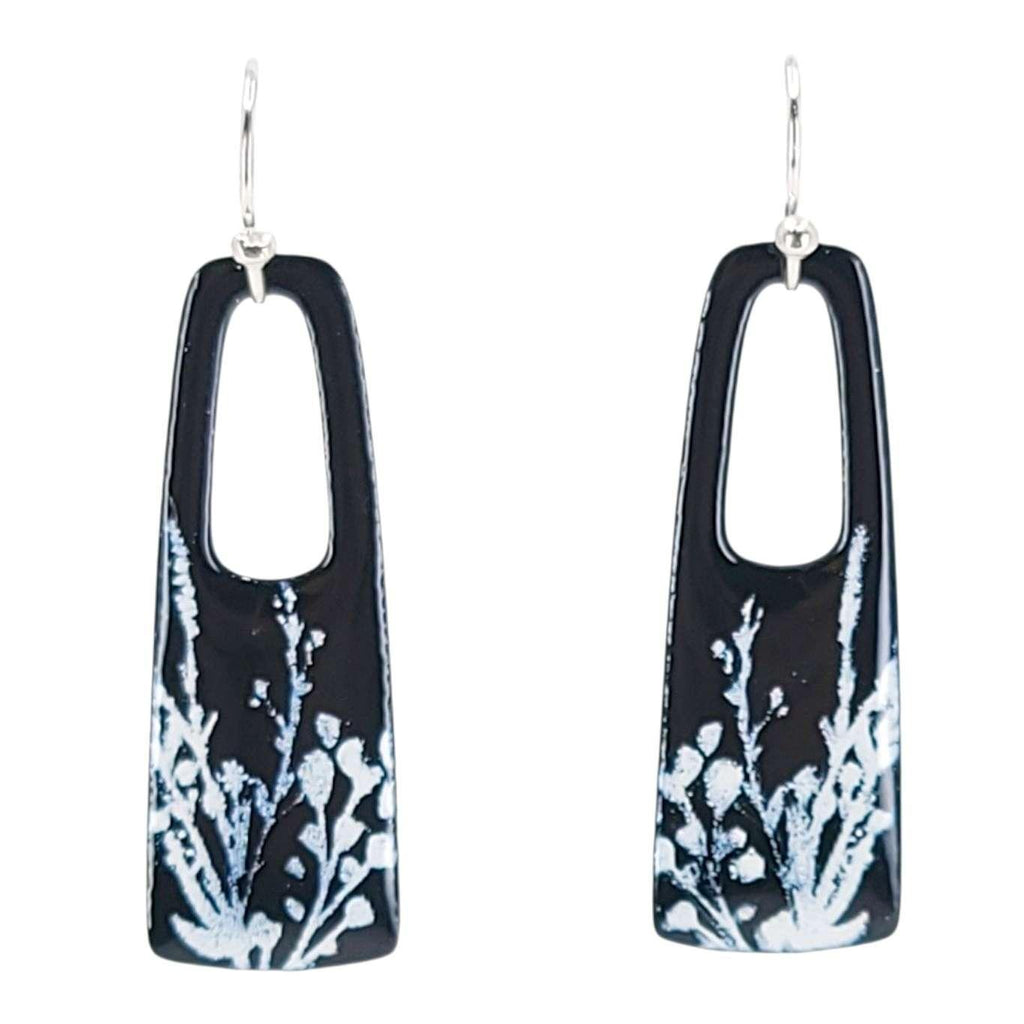 Earrings - Small Open Rectangle (Black White Botanical) by Magpie Mouse Studios