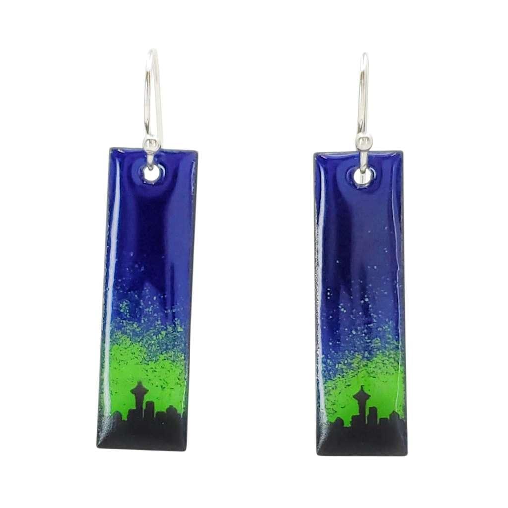Earrings - Slim Rectangle (Seattle Skyline on Dark Blue & Hunter Green) by Magpie Mouse Studios