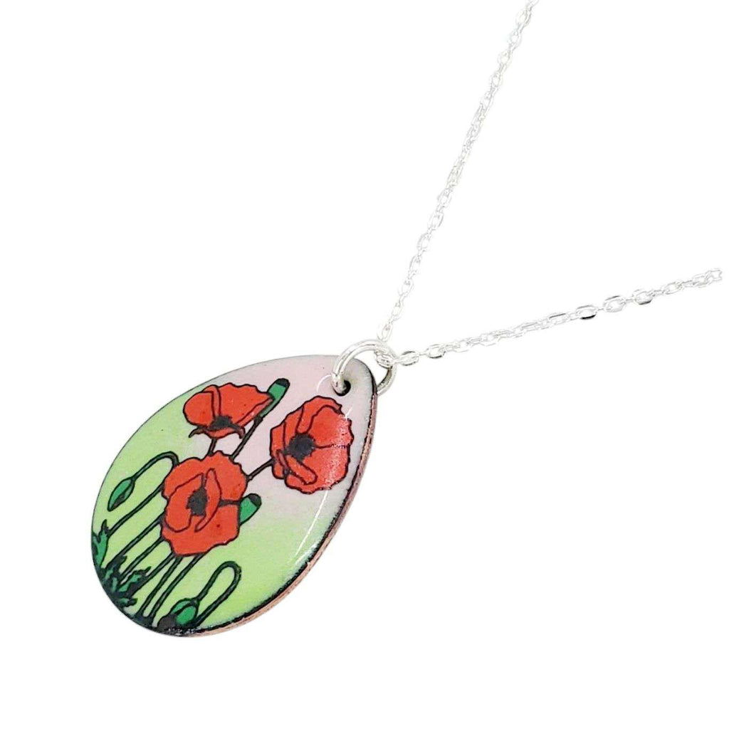 Necklace - Red Poppies Large Teardrop (Pink Green) by Magpie Mouse Studios