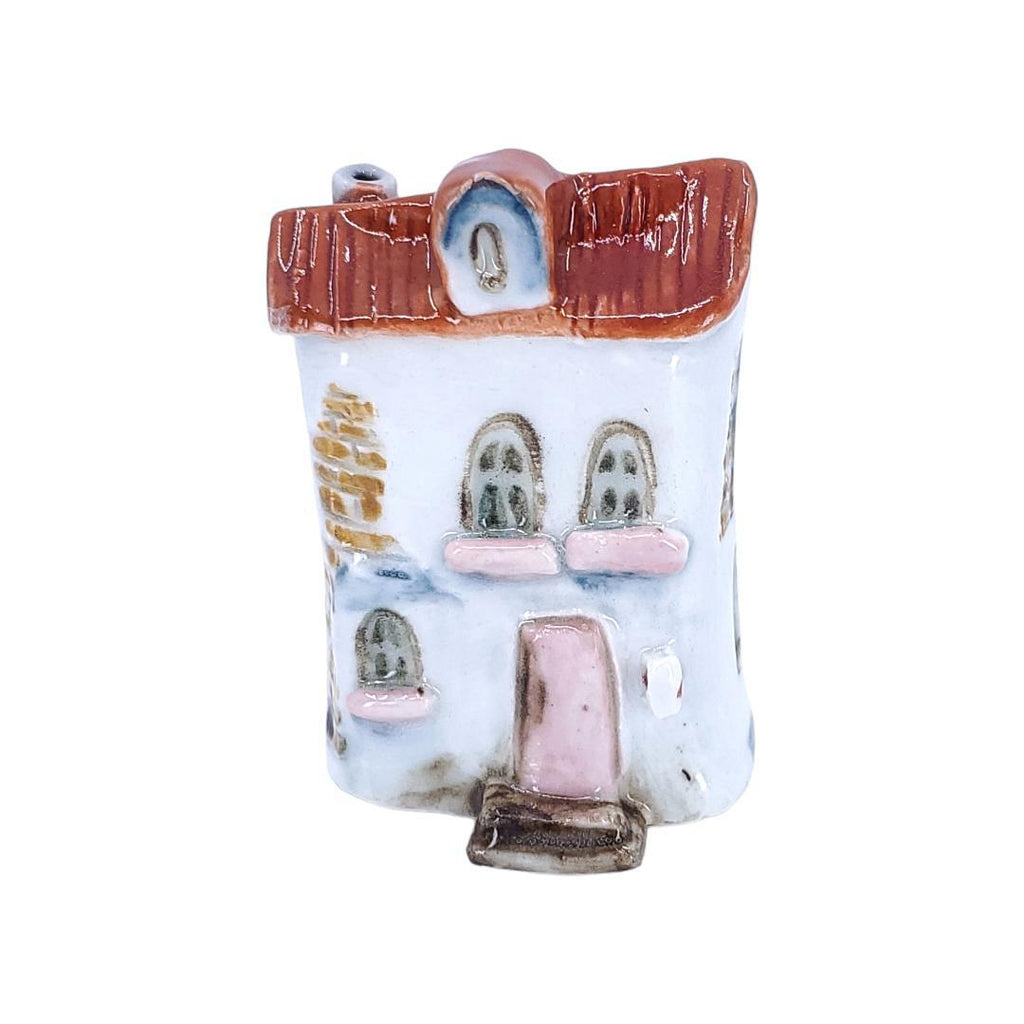 Tiny House - White Pharmacy House Pink Door Rust Roof by Mist Ceramics