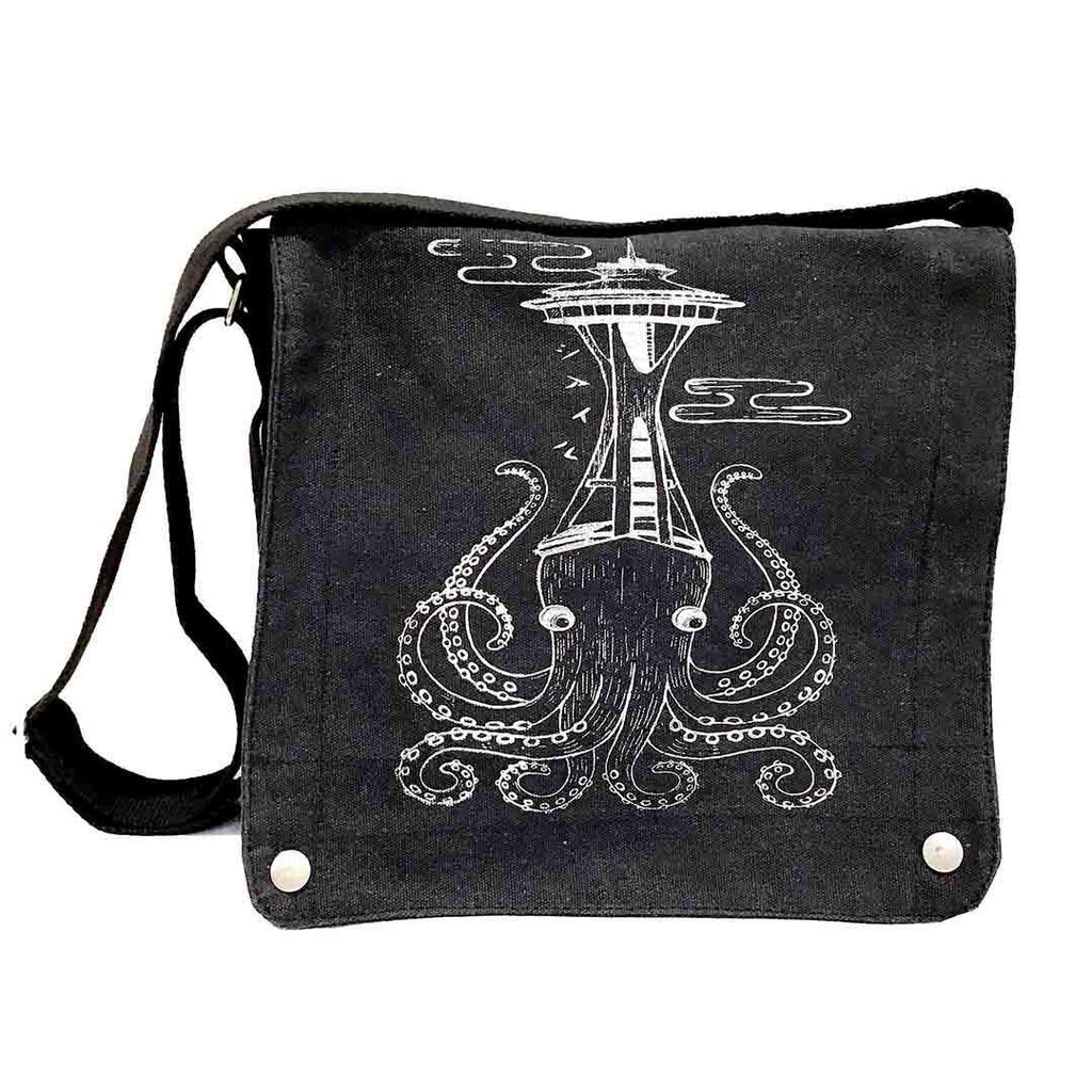 Messenger Bag - White Octopus Space Needle on Black Canvas Bag by Namu