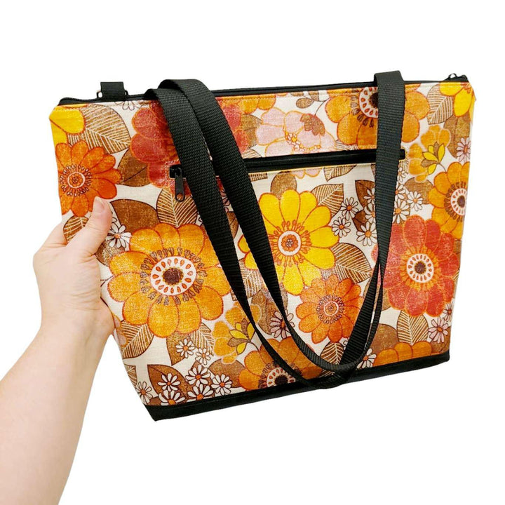 Bag - Convertible Travel Tote (Orange Retro Floral on Linen) by Laarni and Tita