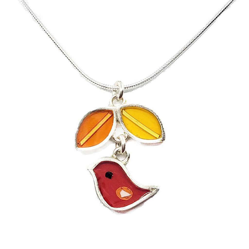 Necklace - Red Bird with Yellow Orange Leaves (A or B) by Happy Art Studio