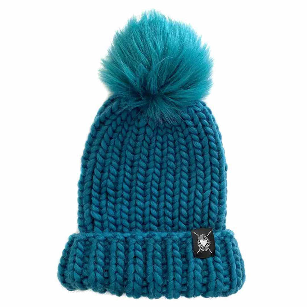 Beanie - Luxe Merino Folded Pom in Teal Blue with Teal Faux Fur by Nickichicki