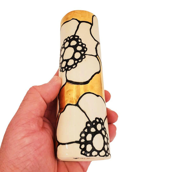 Vase - 6in - Floral Cylinder with 22k Gold Background (A) by Hsieh Clay SF