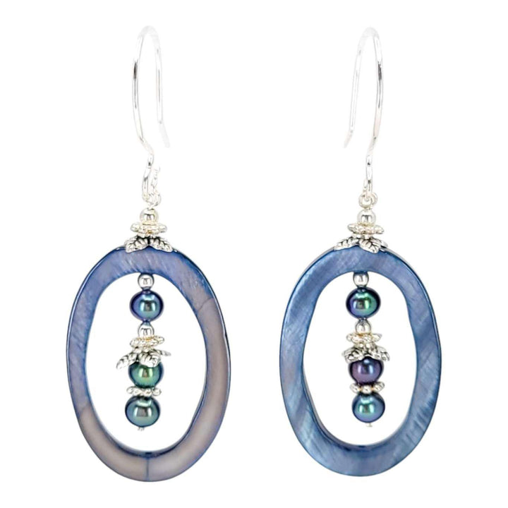 Earrings - Oval Shell Frame Triple Pearl Drops (Iridescent Blue, Silver Fill) by Tiny Aloha